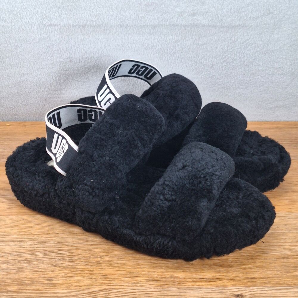 UGG Fluff Yeah Women's 8 Fluffy Slide Slippers Black Sheepskin Shearling Cozy